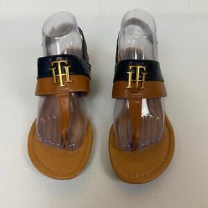 Tommy Hilfiger Women's Navy & Brown Toe Post Logo Low Heel Sandal Shoes Size 8.5
